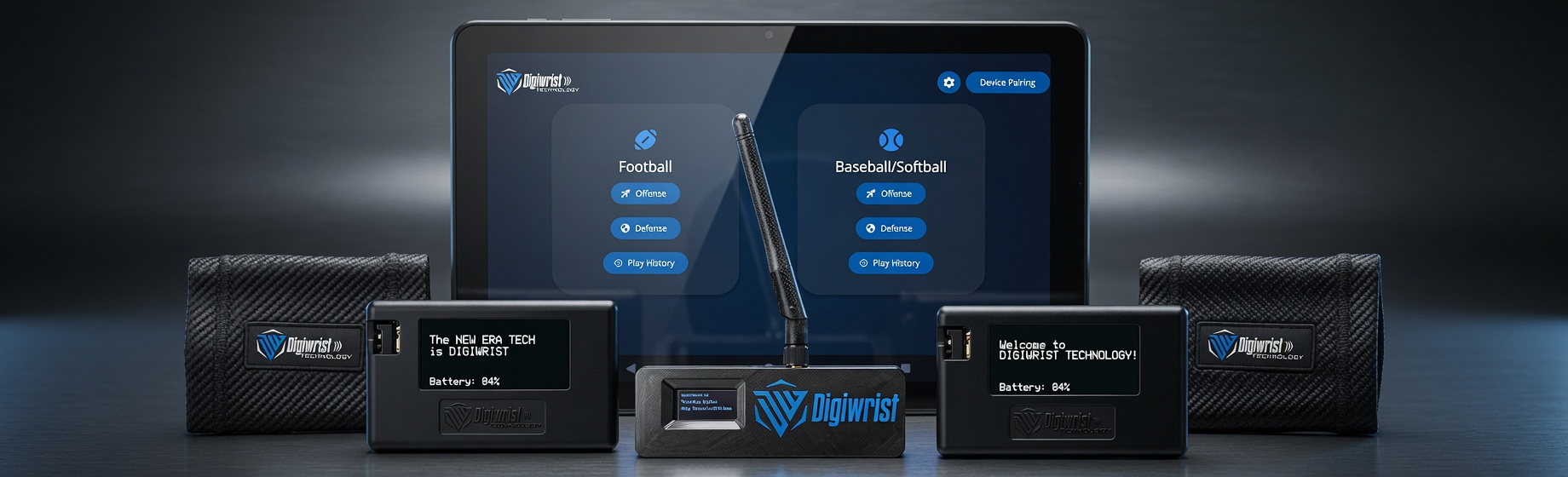The DigiWrist kit: coach tablet, two wrist receivers, transmitter, and cloth armbands