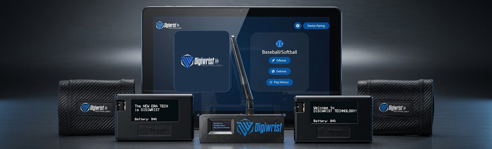 The DigiWrist kit: coach tablet, two wrist receivers, transmitter, and cloth armbands